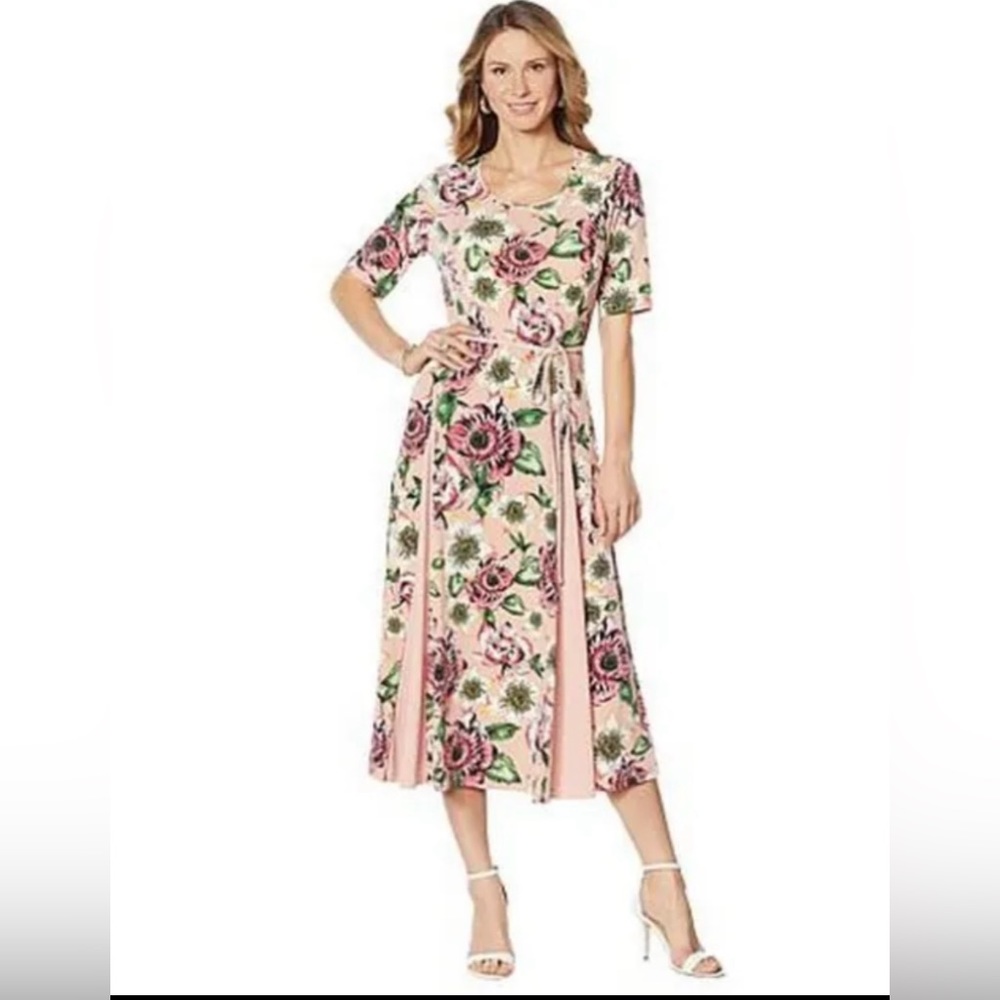 Nina Leonard Nicole Belted Midi Dress with Godet Detail